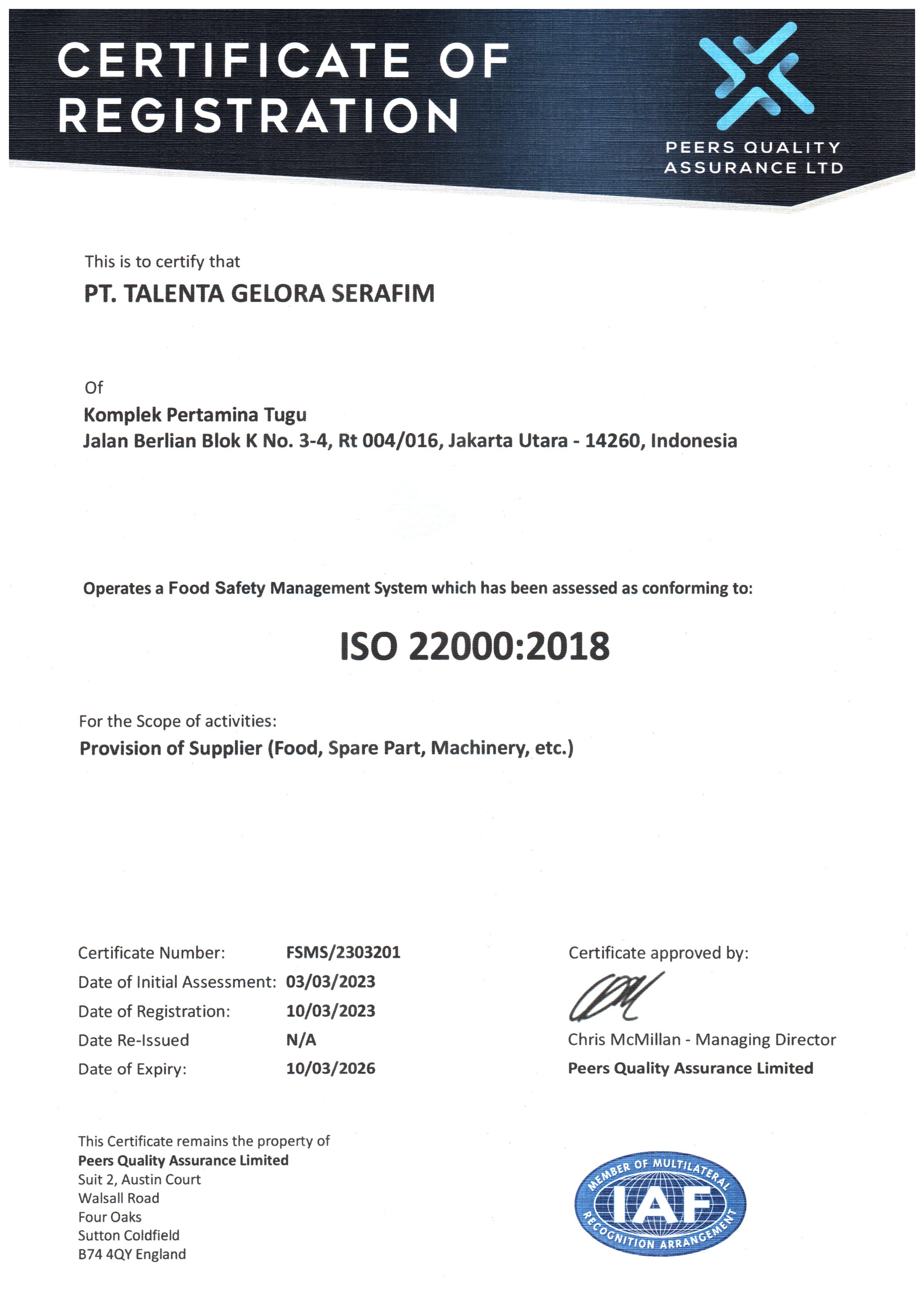 ISO 22000-2018 Certificate